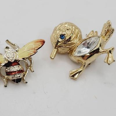 Bird And Bee Enamel And Rhinestone Pins