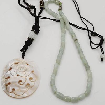 2pc Green Jade And Mother Of Pearl Asian Necklaces