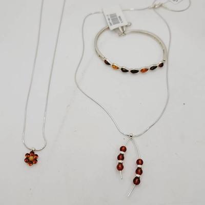 Sterling Amber Necklaces And Bracelet Nwt 3pc 