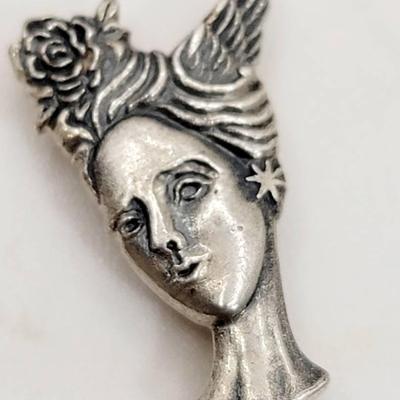 Sterling Pin Vintage Woman With Rose And Wings 925 Silver