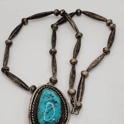 Sterling Native Old Pawn Turquoise Necklace Tube And Round Beads