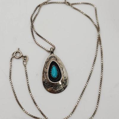 Southwest Navajo Shadowbox Turquoise Pendant Sterling Silver Necklace