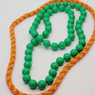 Orange And Green Vintage Beaded Necklaces 
