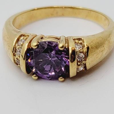 Gold Tone Amethyst Crystal And Clear Stones Sz 9