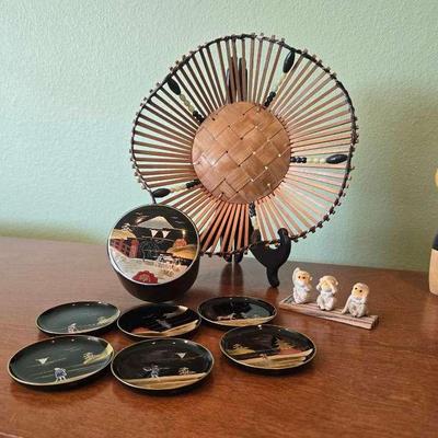 Pc165 japanese coaster set and vintage bamboo wall basket