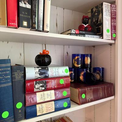 McCoy vase/holder, cobalt glassware, historical books