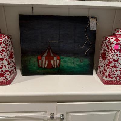Oil on board, pair contemporary square jars
