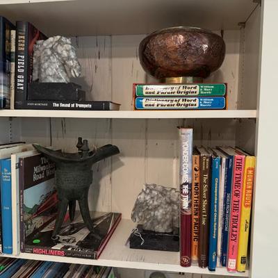 marble bookends, copper cache pot