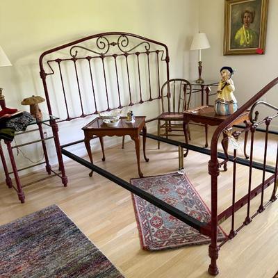 King size iron bed, matching tables, side tables, painted Windsor chair