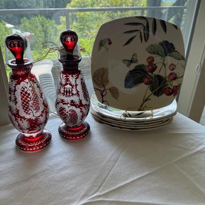 Ruby glass cut to clear decanters
