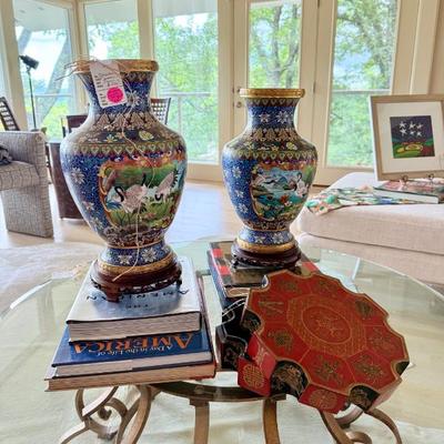 Mid-20th c cloisonné palace urns, contemporary glass top table