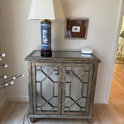 Mirrored Cabinet, Asian inspired handprinted lamp