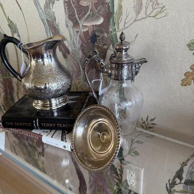 Etched and SP decanter, SP pitcher with wooden handle