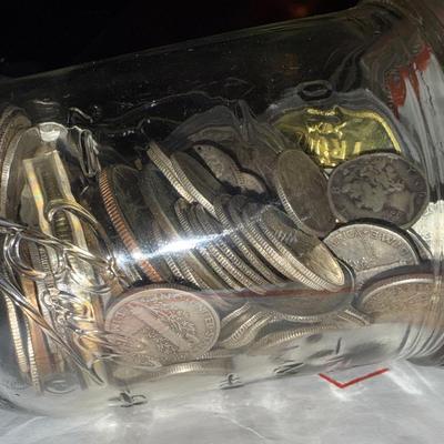 Jar of U.S. Silver & Collectible Coins – Mercury Dimes, 1 oz Liberty Round, Trump Coins, Kennedy Hal