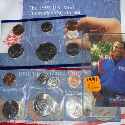 1991 U.S. Mint Uncirculated Coin Set – With Bonus O.J. Simpson NFL Card