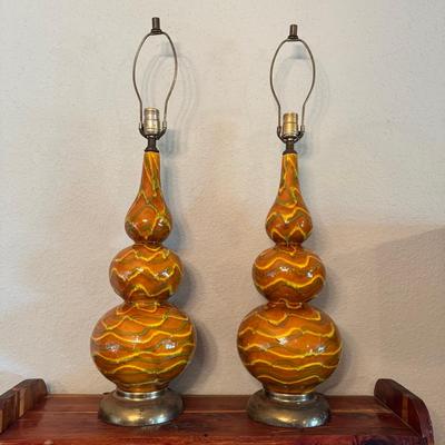 Vintage Leviton Drip Glaze Triple Gourd Lamp Pair