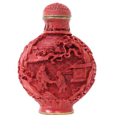 Lot 364 cinnabar style chinese snuff bottle monks trading