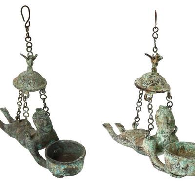 Lot 362 two suspended chinese bronze oil lamps