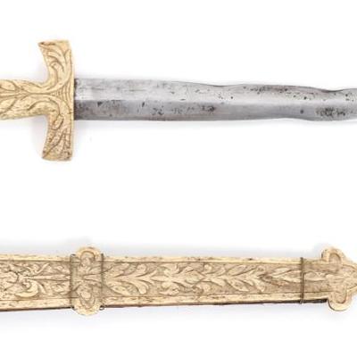 Lot 14 ceremonial bone relief carved dagger scabbard, mid 19th c.