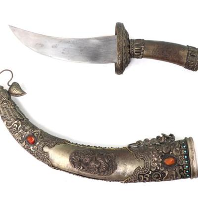 Lot 36 ornate silver stone inset knife & scabbard