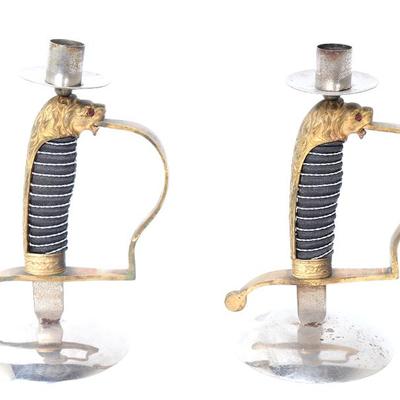 Lot 11 pair of german trench art lion head sword candlesticks