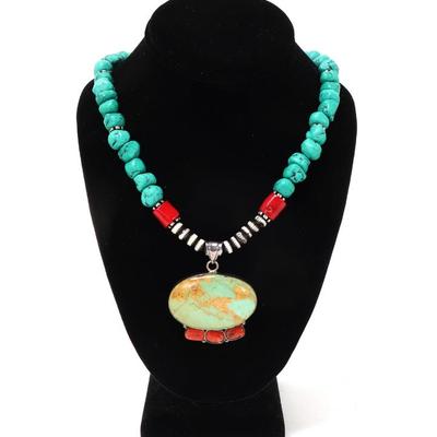 Lot 109 gorgeous turquoise and coral native american necklace