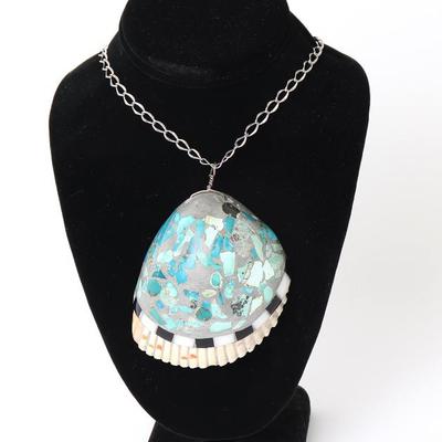 Sale Photo Thumbnail #215: Lot 215 turquoise applied to seashell necklace