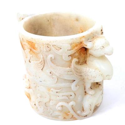 Lot 419 chinese white hardstone brush holder griffin & dragon