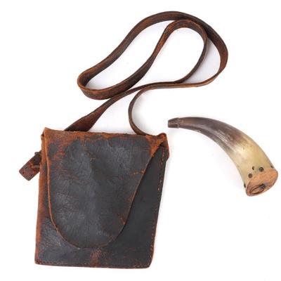 Lot 76 early 19th century leather shot pouch and powder horn
