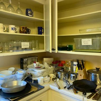Misc kitchen. Cast iron. Corelle dishes.