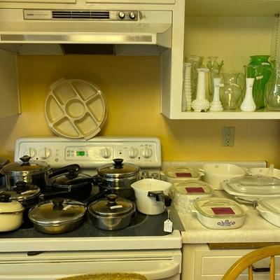 Vintage (1950's and 60's) Corning well. Glass "fin" lids.