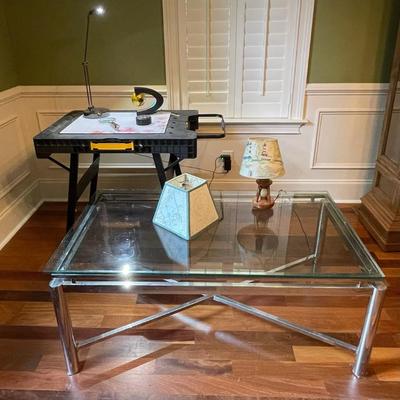 Work table glass and metal table, lamps
