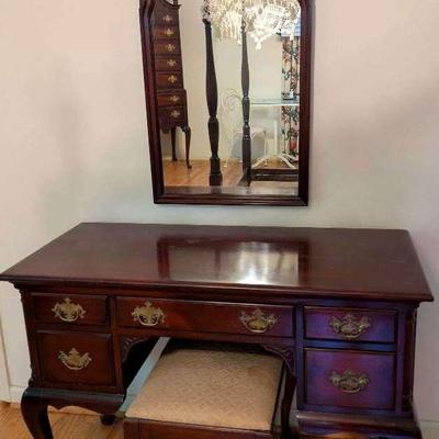 Vintage Drexel Mahogany Desk, Mirror & Bench