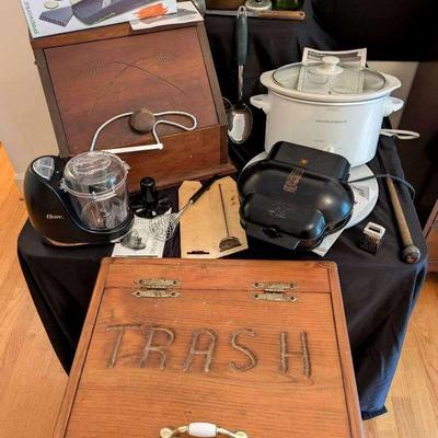 Vintage Wood Trash Can & Bread Box, Teapot Apothecary Jar, Small Appliances & More