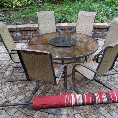 Oversized Patio Table, 6 Chairs & Umbrella/Stand