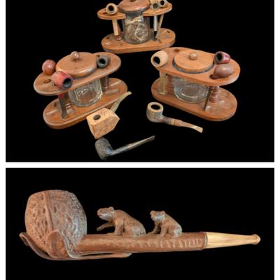 Vintage Pipe and Humidor Collection with Hand-Carved Bear Pipe