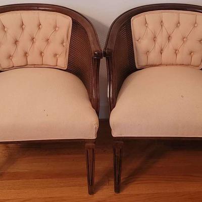 Set Of Mid-Century Cane Back Wood Barrel Chairs