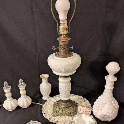 Milk Glass Featuring Paul Hanson Table Lamp, Decanter, Fenton, Loganberry, Perfume Bottles & More