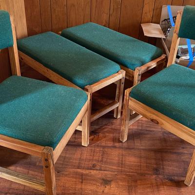 Two Wood Framed Chairs and Two Wood Framed Benches