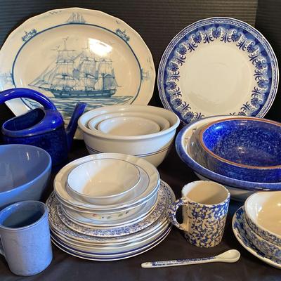 Assorted Blue Platters, Bowls And More