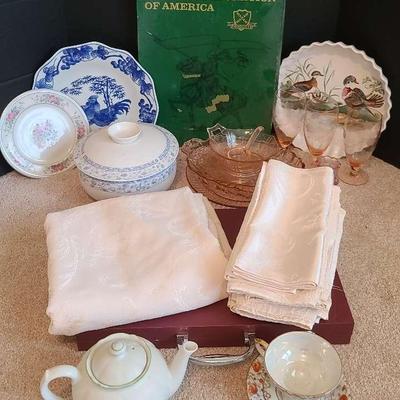 Knife Sets, Table Linens, Pink Depression Glass, And More