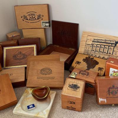 Wood Cigar Box Collection & Marble Ashtray