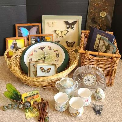 Framed Butterfly Wall Art, Singing Bird Clock, Mikasa Clock, & More