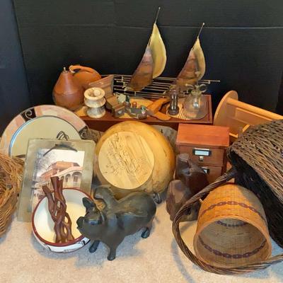 Wood and Metal Decor Including Baskets, Statues, & Plates