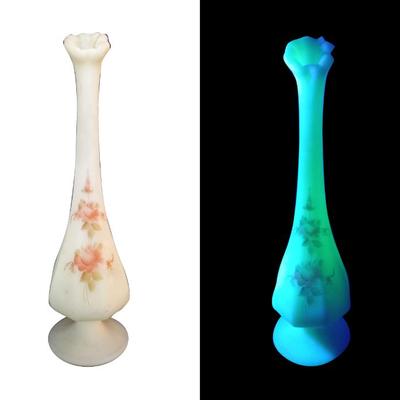 Signed Vintage Fenton Hand Painted by Janet S Custard Uranium Glass Swung Bud Vase - 11" Tall