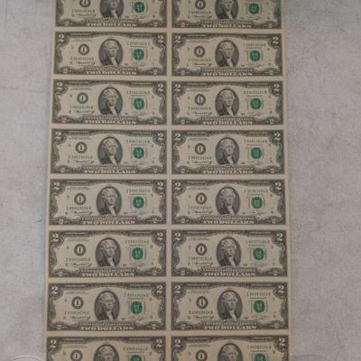 Vintage 1976 Series Uncut Uncirculated US $2 Bill 16-Bill Mint Sheet