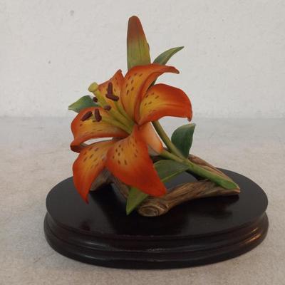 Vintage 1984 Andrea by Sadek "Orange Lily" Flower Figurine on Wood Base - 5½" Tall
