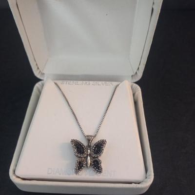 Vintage Sterling with Black/White Diamond Accent Butterfly Pendant on 18" Spring Ring Clasp Box Chain - Approx. Wt. 4.0g