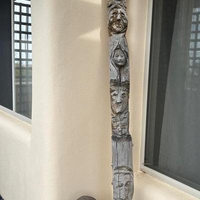 Hand-Carved 8' & 18" Wood Totems – Rustic Folk Art Faces 
