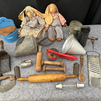 Primitive Kitchenware and Decor Lot | Rolling Pins, Graters, Dolls, and More